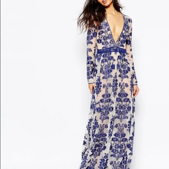 chinese dress ladies For Love and Lemons Powder Blue Embroidered Temecula Maxi Dress – The  Thrifty Hippy main image 1